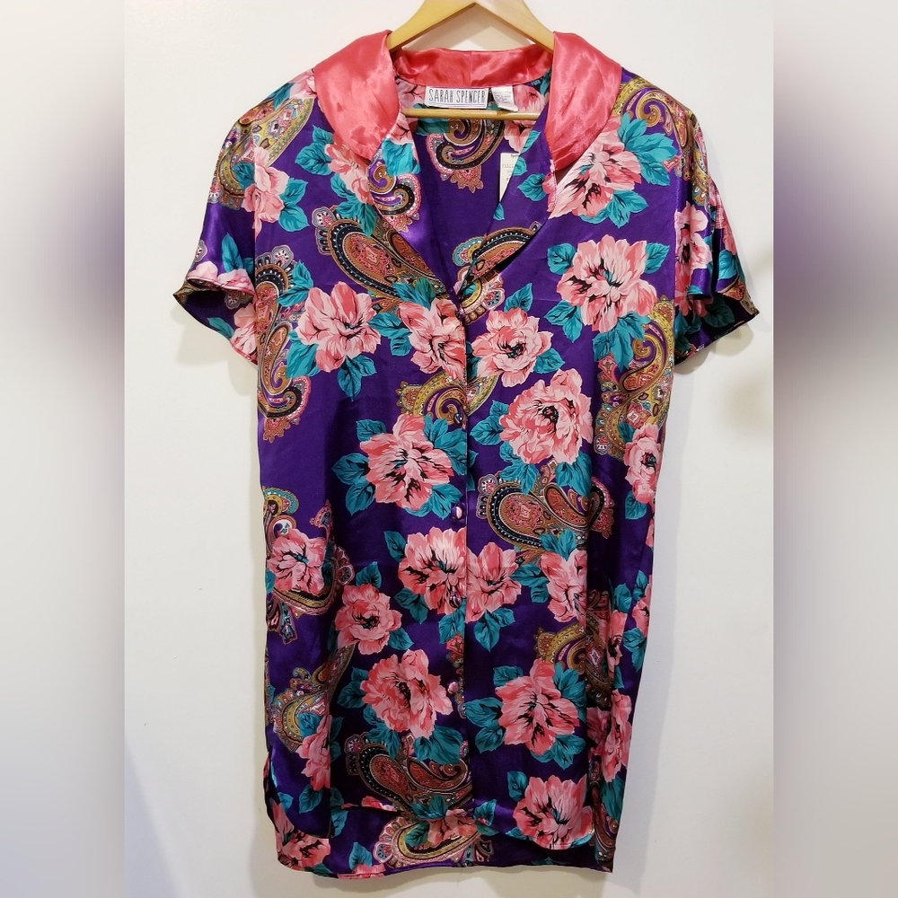 Sarah Spencer Women's Floral Paisley Satin Button Down Pajama Shirt M Sleepwear